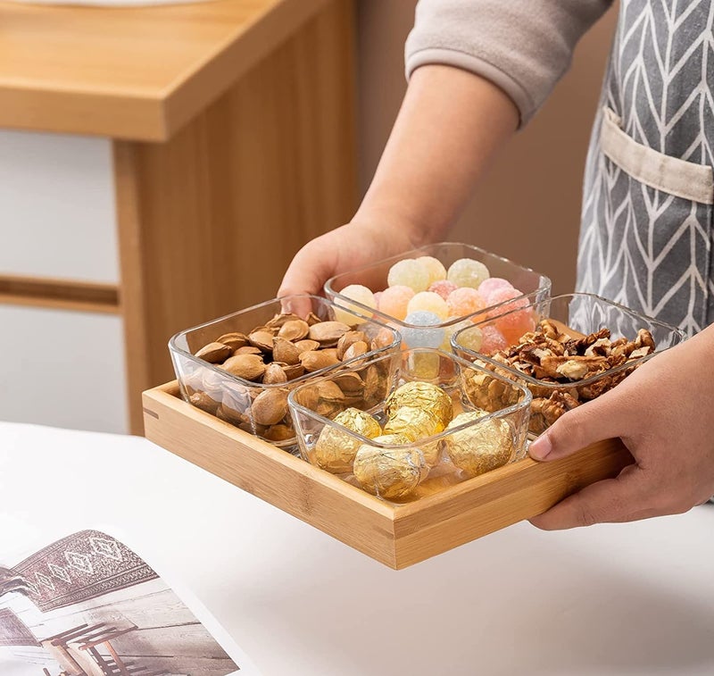 ConvertKitchen Square Glass Bowls Set with Wood TrayCondiment Dishes Serving Bowls Buffet Server 4 Pcs Bowl1 Wooden Tray - Image 4