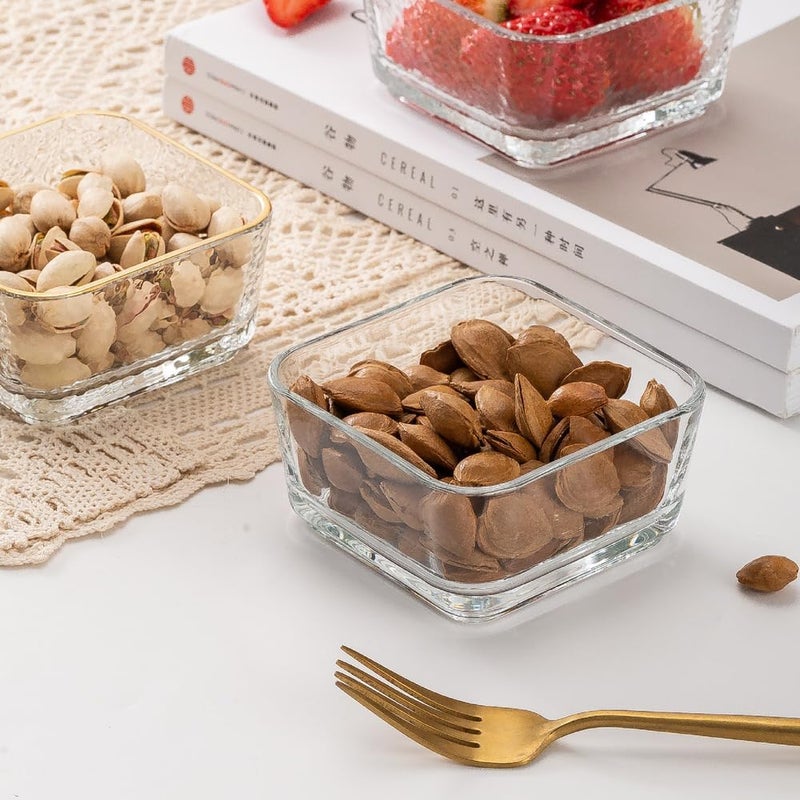 ConvertKitchen Square Glass Bowls Set with Wood TrayCondiment Dishes Serving Bowls Buffet Server 4 Pcs Bowl1 Wooden Tray - Image 5
