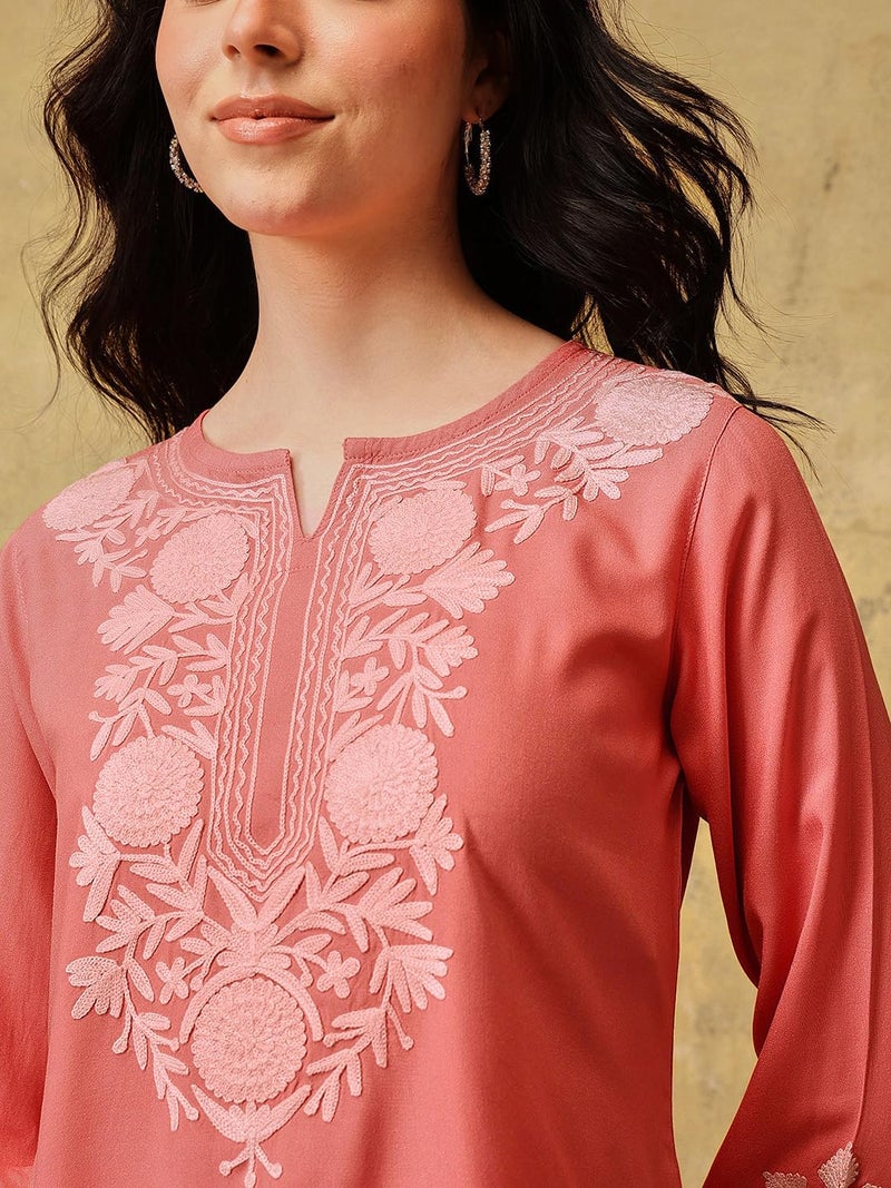 QAZMI Women's Kashmiri A-Line Flared Kurti_M Peach - Image 4
