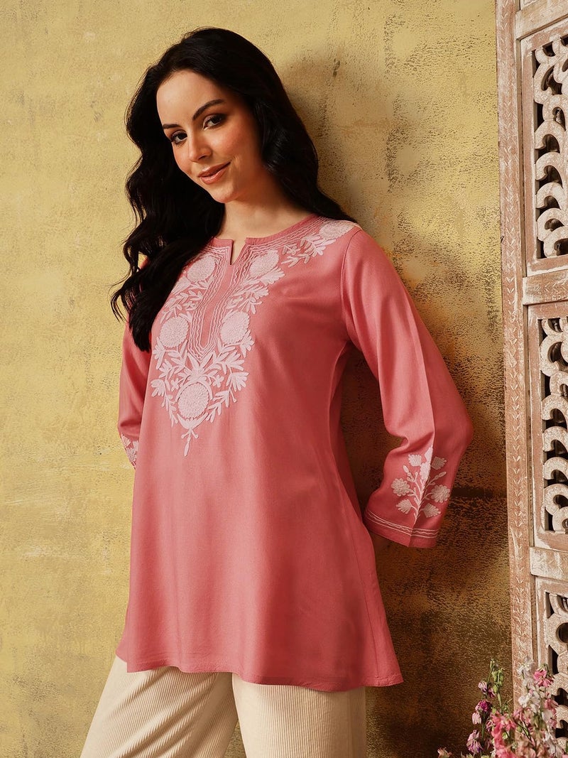 QAZMI Women's Kashmiri A-Line Flared Kurti_M Peach - Image 2