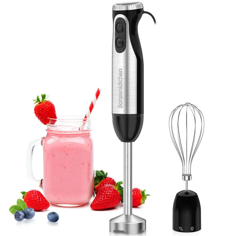 Bonsenkitchen Immersion Handheld Blender with Whisk 20Speed Turbo Mode Hand Blender Stick 500W 304 Stainless Steel Hand Blender for Soup Smoothie Puree Baby Food