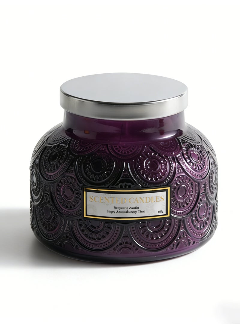 Lavender Scented Candle 600g Large Capacity Double Wick - 100 Hours Long Burning Handmade Smokeless Aromatherapy Candle in Elegant Purple Glass Jar with Beautiful Patterns - Image 1