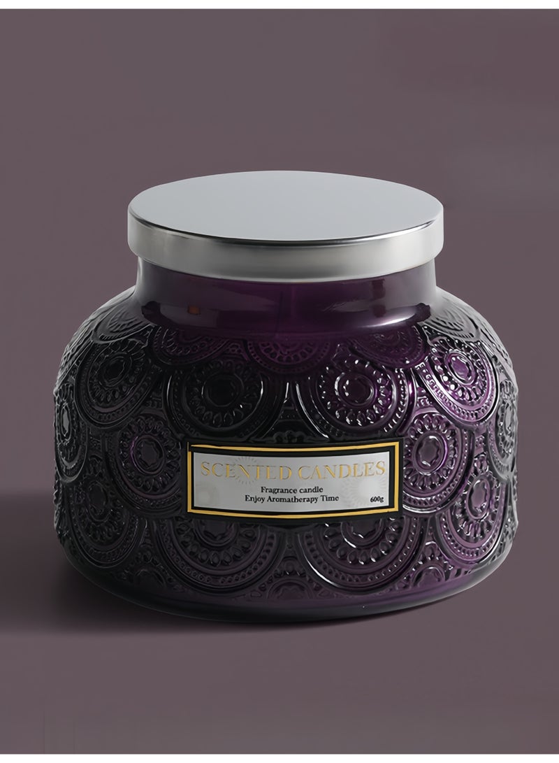 Lavender Scented Candle 600g Large Capacity Double Wick - 100 Hours Long Burning Handmade Smokeless Aromatherapy Candle in Elegant Purple Glass Jar with Beautiful Patterns - Image 2