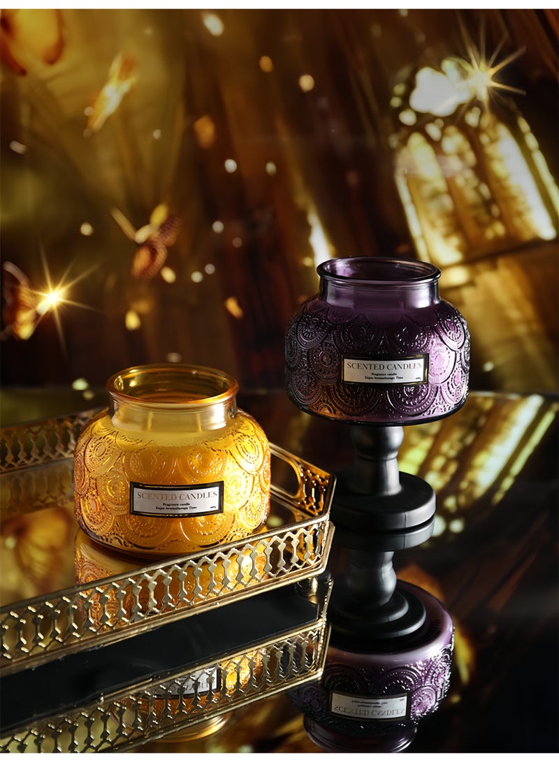 Lavender Scented Candle 600g Large Capacity Double Wick - 100 Hours Long Burning Handmade Smokeless Aromatherapy Candle in Elegant Purple Glass Jar with Beautiful Patterns - Image 5