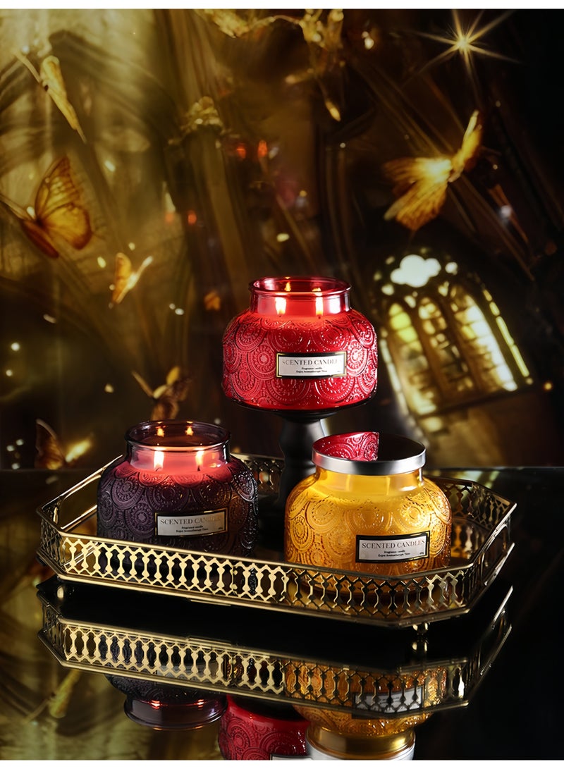 Lavender Scented Candle 600g Large Capacity Double Wick - 100 Hours Long Burning Handmade Smokeless Aromatherapy Candle in Elegant Purple Glass Jar with Beautiful Patterns - Image 3