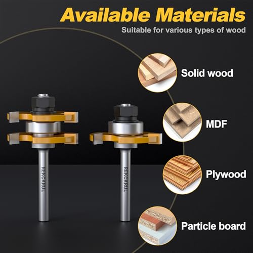REKCKRUL 2 PCS Professional Tongue and Groove Router Bit Set, 1/4 Inch Shank, 3 Teeth Adjustable T-Shape Wood Milling Cutter for Cabinets, Flooring, and Woodworking - Image 4
