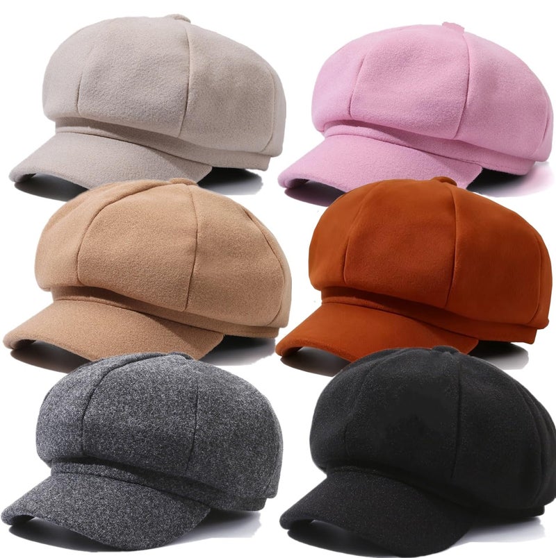 stablerice 6 Pieces Women Newsboy Cap Warm Wool Visor Beret Hats Octagonal Cap Soft Newsboy Hats for Women Vintage Cabbie Paperboy Hat for Women Girls Baker Boy Hat(Elegant Color) Black - Image 1