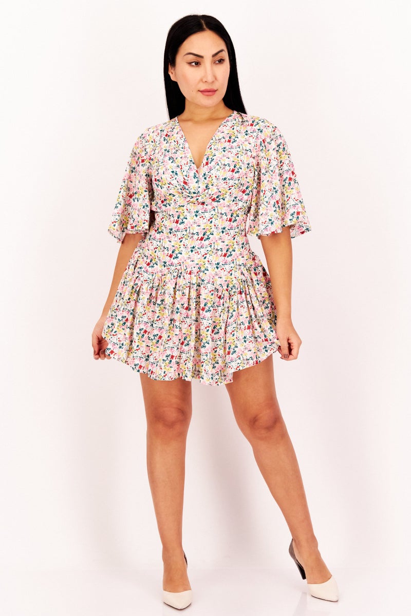 Love Triangle Women Tie Neck Short Sleeve Floral Playsuit, White Combo  - Image 2