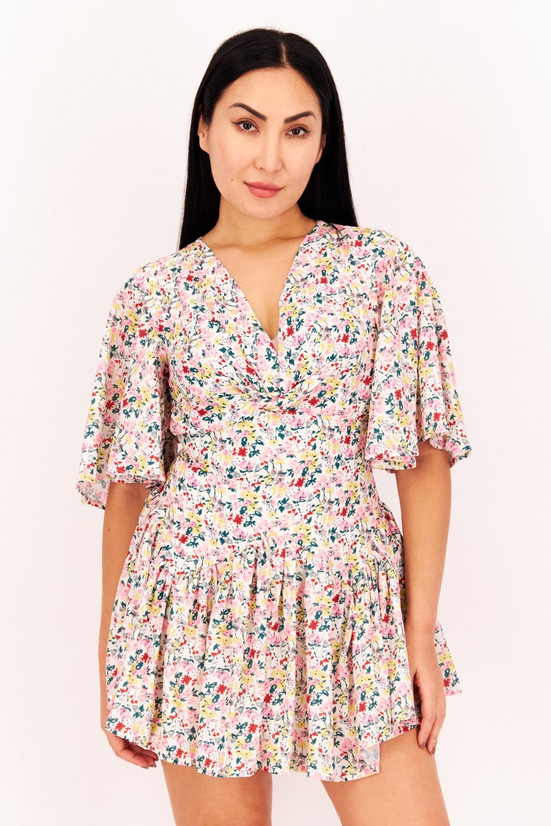 Love Triangle Women Tie Neck Short Sleeve Floral Playsuit, White Combo  - Image 1