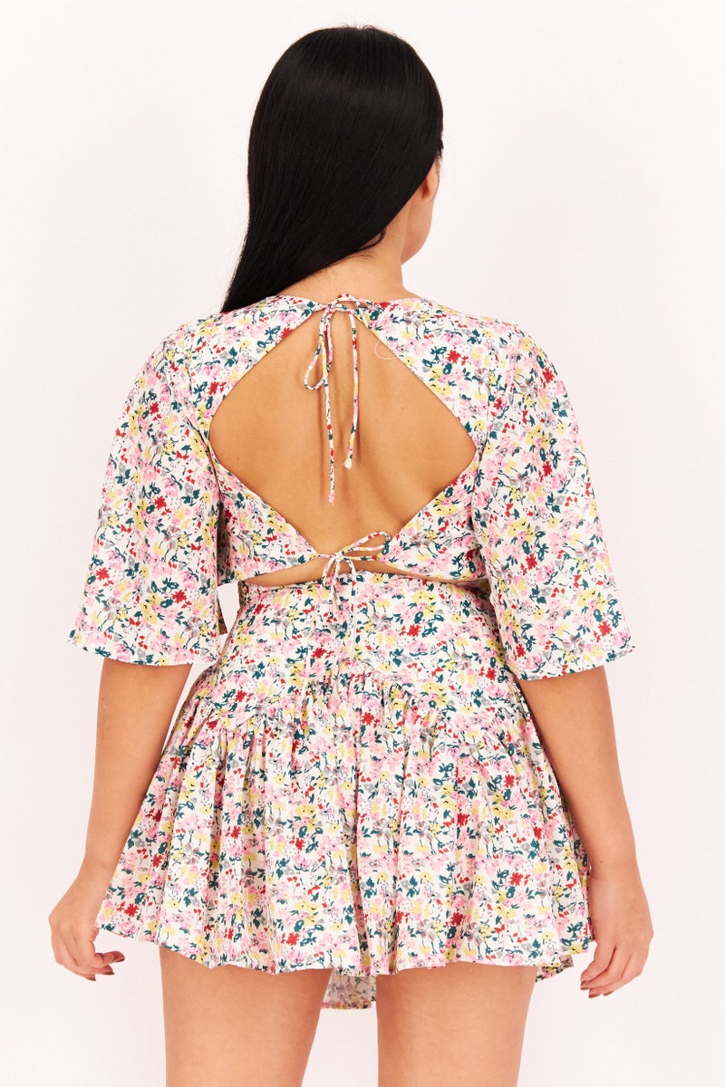 Love Triangle Women Tie Neck Short Sleeve Floral Playsuit, White Combo  - Image 4