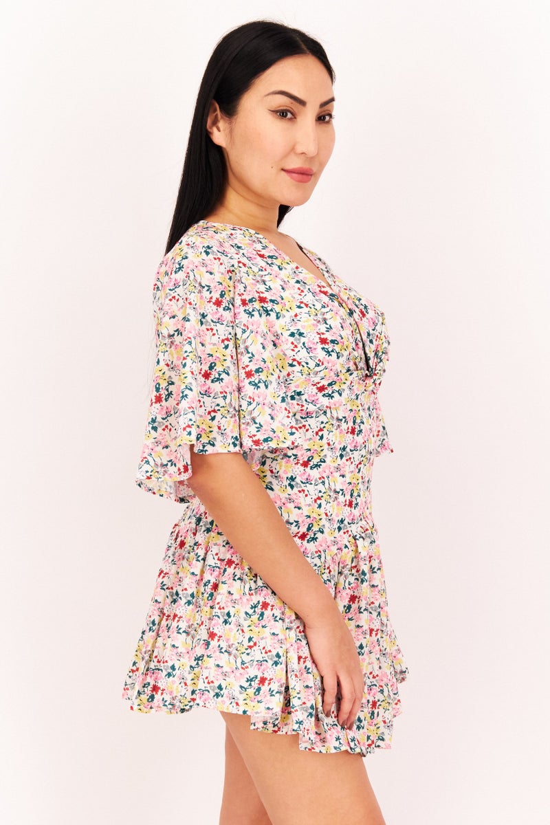 Love Triangle Women Tie Neck Short Sleeve Floral Playsuit, White Combo  - Image 3
