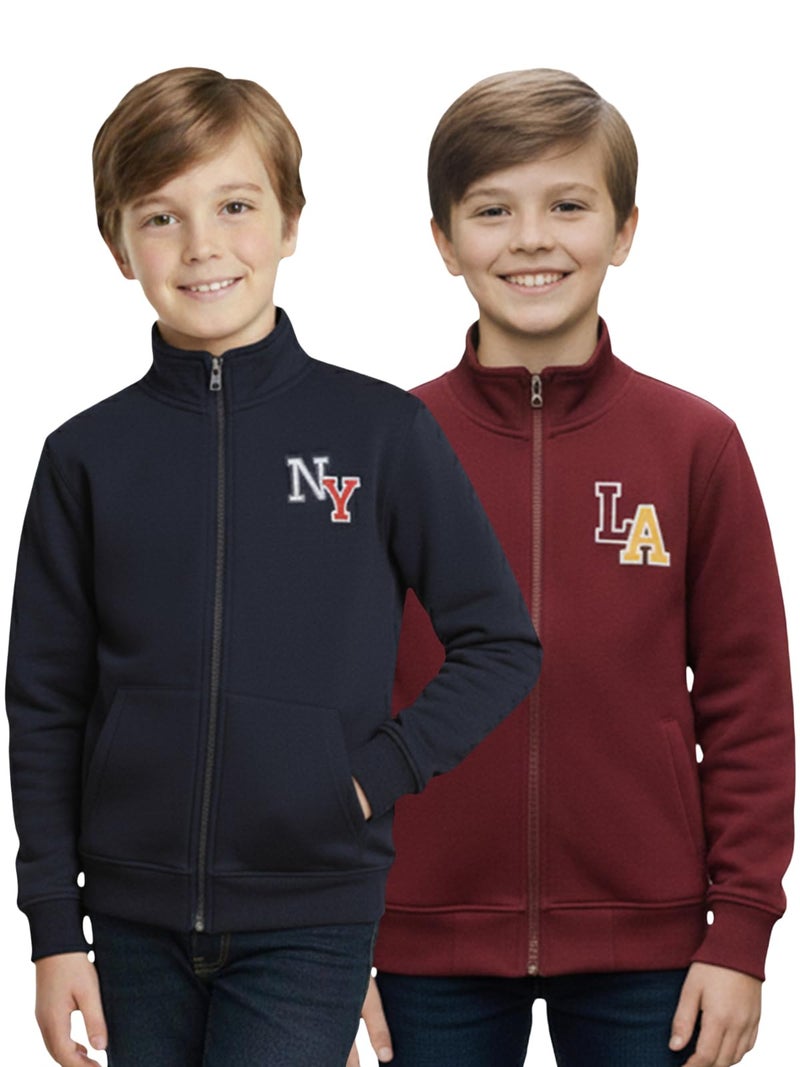 ONN Boys Super Soft Cotton Hi-Neck Jacket| Cross Pockets|Ribbed Cuff|Modern Fit| Pack of 2 | Navy Blue and Crimson | (3-4 Years) - Image 1