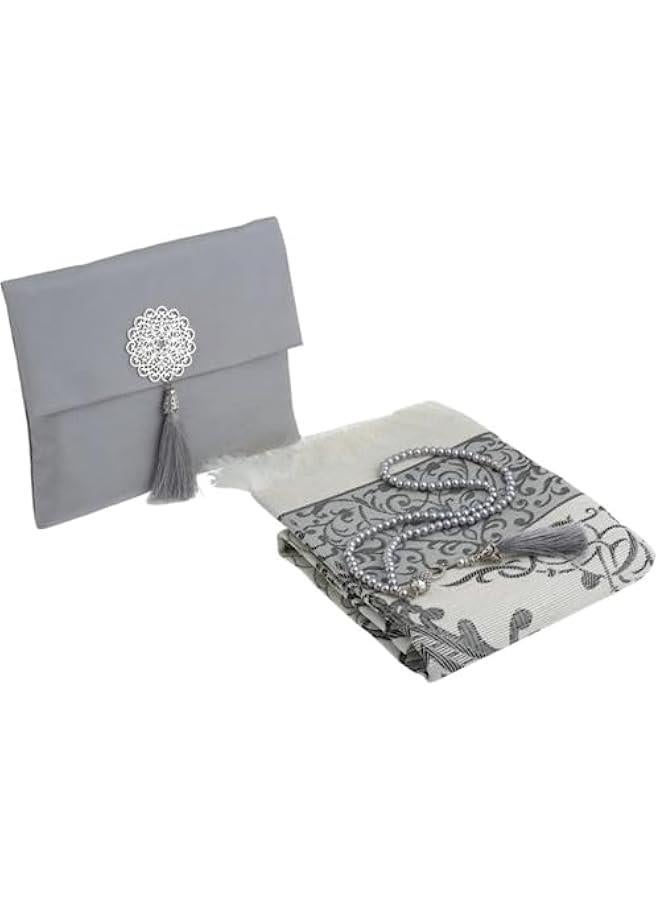 Arabest Grey Muslim Prayer Rug Set with Tasbih in Portable Bag - Ideal Islamic Gift for Men and Women, Mubarak Box Included - Soft Mat for Praying, Perfect for Ramadan, Eid, Hajj, and Travel  - Image 1