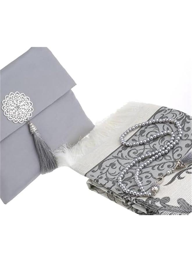 Arabest Grey Muslim Prayer Rug Set with Tasbih in Portable Bag - Ideal Islamic Gift for Men and Women, Mubarak Box Included - Soft Mat for Praying, Perfect for Ramadan, Eid, Hajj, and Travel  - Image 3