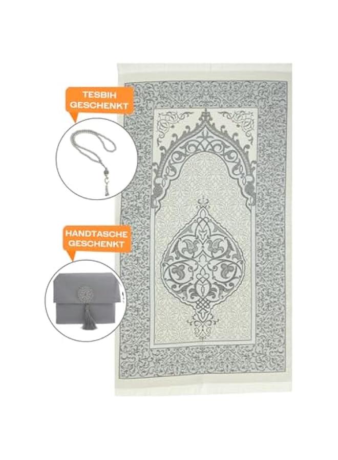 Arabest Grey Muslim Prayer Rug Set with Tasbih in Portable Bag - Ideal Islamic Gift for Men and Women, Mubarak Box Included - Soft Mat for Praying, Perfect for Ramadan, Eid, Hajj, and Travel  - Image 4