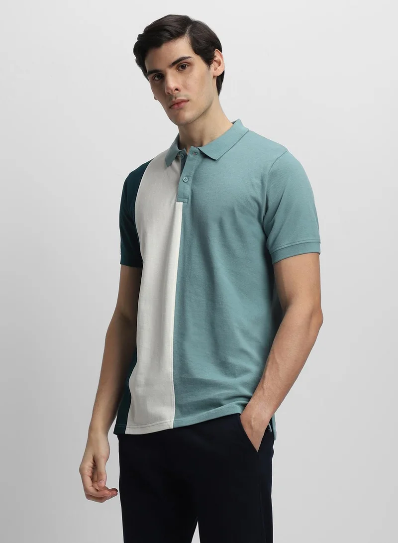 Dennis Lingo Men's Green 100% Cotton Colourblocked Slim Fit T-Shirt