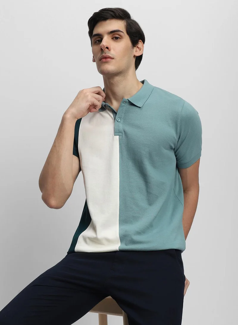 Dennis Lingo Men's Green 100% Cotton Colourblocked Slim Fit T-Shirt