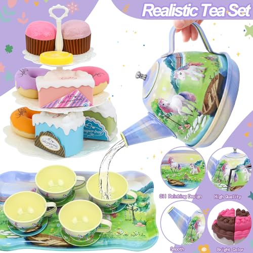 PRE-WORLD Tea Party Set for Little Girls,50PCS Princess Horse Tea Time Toy Including Food Sweet Treats Playsets,Teapot Tray Cake,Tablecloth & Carrying Case,Kids Kitchen Pretend Play for Girls Boys Age 3 4 5 6 - Image 4
