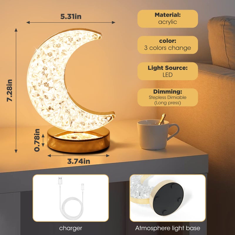 Eworld Moon Table Lamp LED Creative Crystal Crescent Light, USB Rechargeable 3-Color Touch Night Lamp for Bedroom & Ramadan Decor - Image 2