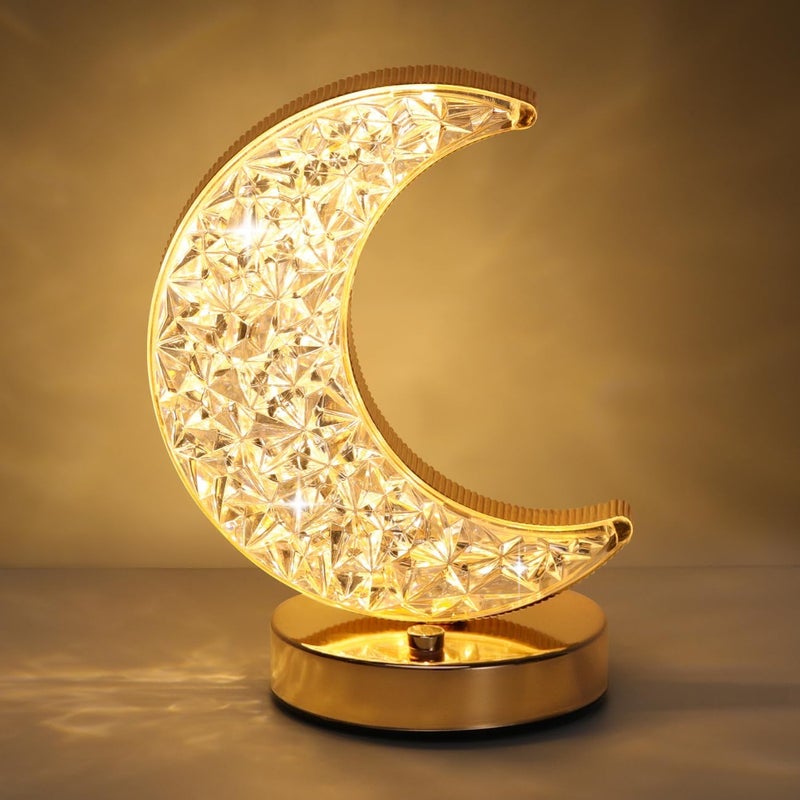 Eworld Moon Table Lamp LED Creative Crystal Crescent Light, USB Rechargeable 3-Color Touch Night Lamp for Bedroom & Ramadan Decor - Image 1