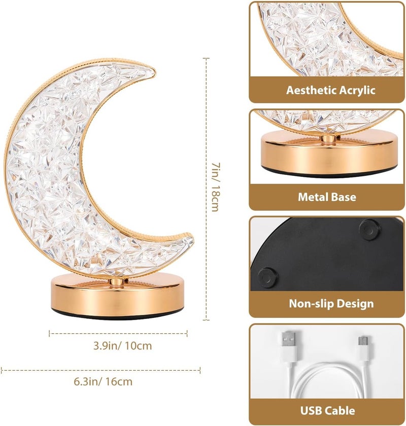 Eworld Moon Table Lamp LED Creative Crystal Crescent Light, USB Rechargeable 3-Color Touch Night Lamp for Bedroom & Ramadan Decor - Image 4