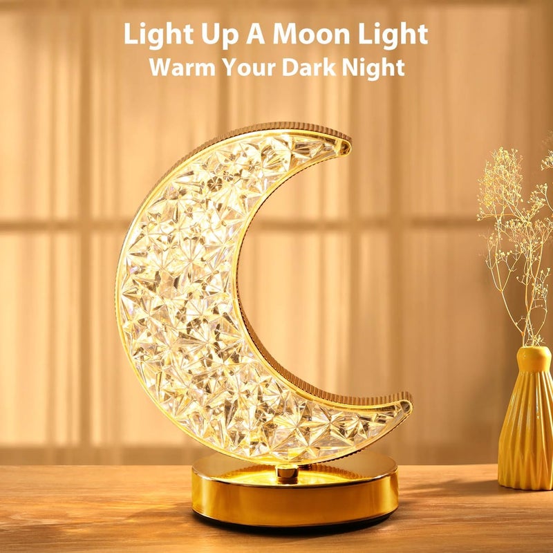 Eworld Moon Table Lamp LED Creative Crystal Crescent Light, USB Rechargeable 3-Color Touch Night Lamp for Bedroom & Ramadan Decor - Image 3