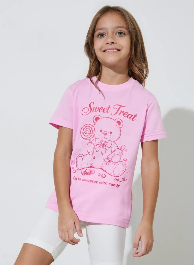 Styli Girls Pink Graphic Print Short Sleeves Regular Fit T-Shirt