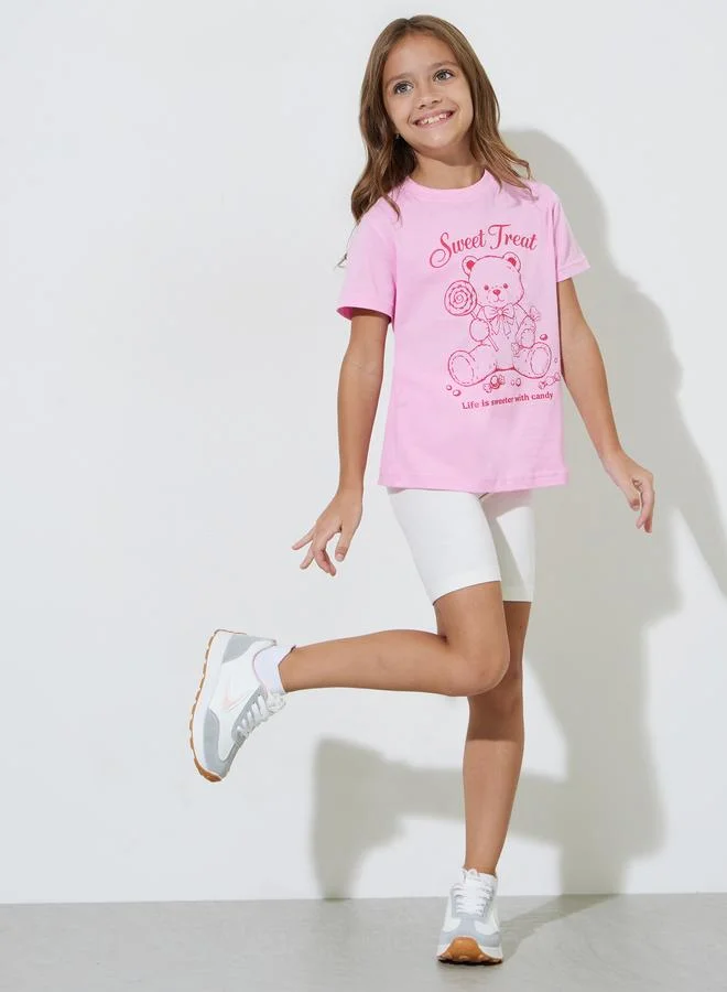 Styli Girls Pink Graphic Print Short Sleeves Regular Fit T-Shirt