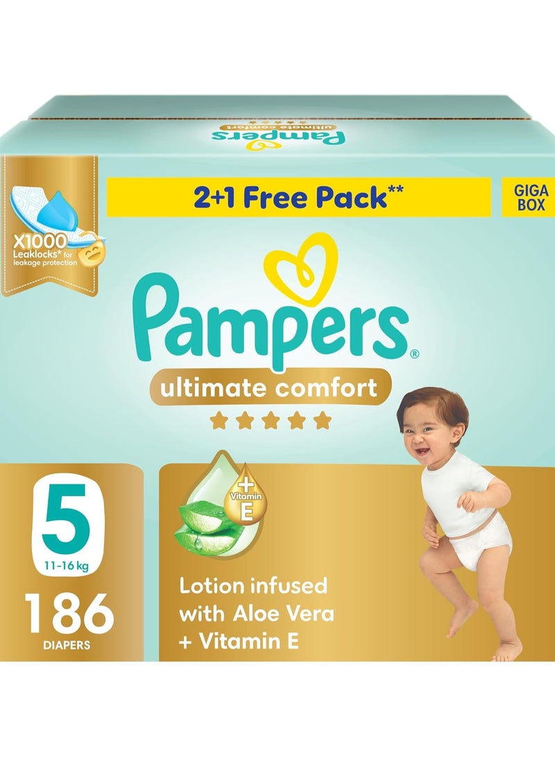 Pampers Ultimate Comfort Taped Diapers, Size 5, 11-16kg, Lotion infused with Aloe Vera and Vitamin E, x1000 Leak Locks Technology for Leakage Protection, Giga Box, 186 Count