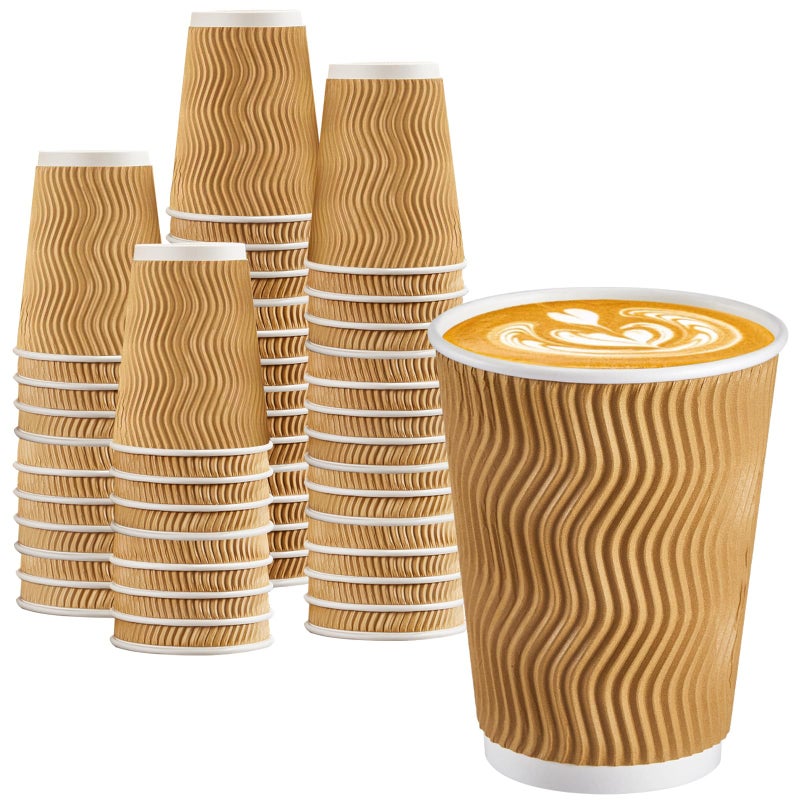 BYSNOW 100 Pack 12 oz Coffee Cups with Lids, Disposable Insulated Hot Cups To Go Paper Coffee Cups, Corrugated Ripple Wall Cup for Hot Drink, Office, Coffee Bar (Champagne 12 oz) - Image 1