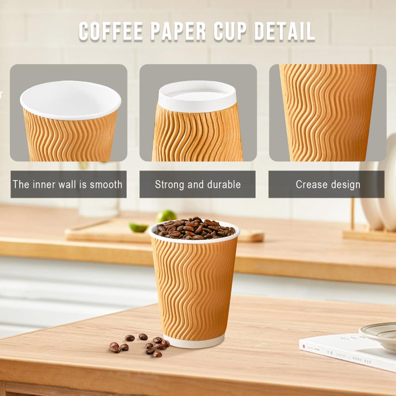 BYSNOW 100 Pack 12 oz Coffee Cups with Lids, Disposable Insulated Hot Cups To Go Paper Coffee Cups, Corrugated Ripple Wall Cup for Hot Drink, Office, Coffee Bar (Champagne 12 oz) - Image 3
