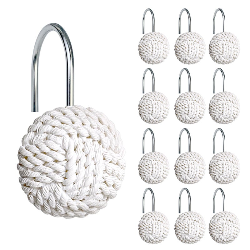 Sunlit Boho Knots Shower Curtain Hooks, Home Decorative White Shower Curtain Rings for Bathroom, Seaside Nautical Shower Curtain Hangers Bathroom Accessories, Set of 12 - Image 1
