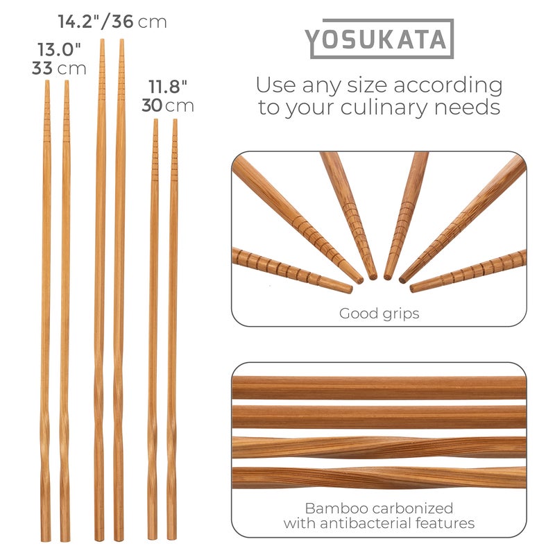 YOSUKATA Reusable Natural Wooden Long Cooking Chopsticks Set of 3 pairs: 11.8 inch, 13-inch, 14.2 inch Brown Long Wok Wooden Chopsticks Reusable - Image 2