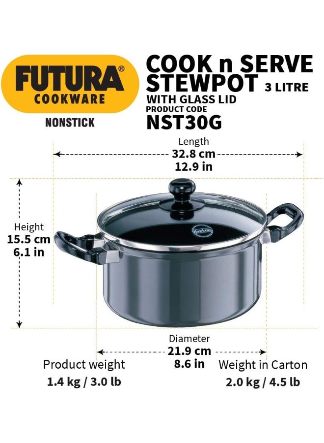 Hawkins وعاء طهي فutura بسعة 3 لتر غير لاصق مع غطاء زجاجي وعاء طهي مع غطاء أسود NST30G  - Image 3