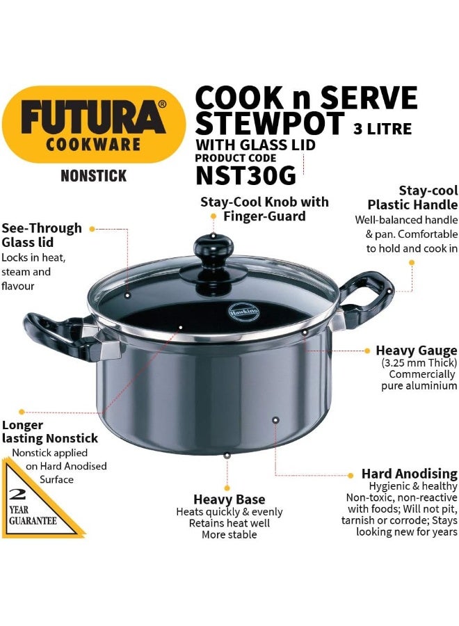 Hawkins وعاء طهي فutura بسعة 3 لتر غير لاصق مع غطاء زجاجي وعاء طهي مع غطاء أسود NST30G  - Image 2