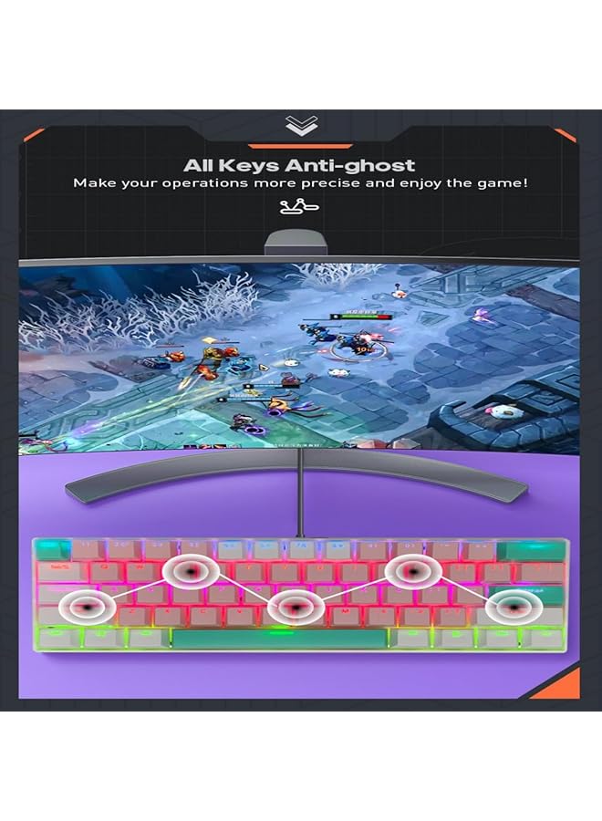 61 Keys Rgb Gaming Keyboard 60% Mini Wired Waterproof With Anti Ghosting Keyboard And Three Color Keycaps With Red Switch For Gamers(Light Pink White And Tiffany Green) - Image 3