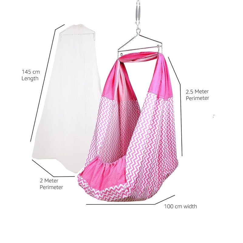 beetot Cotton New Born Baby Swing Cradle (jhula) | Cradle Cloth with Removable Mattress Bed, Mosquito net, Spring and Triangle Hanger | Weight Capacity up to 20kg | Age from 0-12 Months (Wave Pink) - Image 3