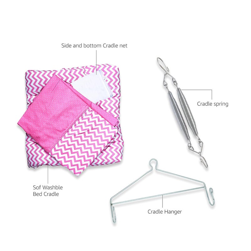 beetot Cotton New Born Baby Swing Cradle (jhula) | Cradle Cloth with Removable Mattress Bed, Mosquito net, Spring and Triangle Hanger | Weight Capacity up to 20kg | Age from 0-12 Months (Wave Pink) - Image 4