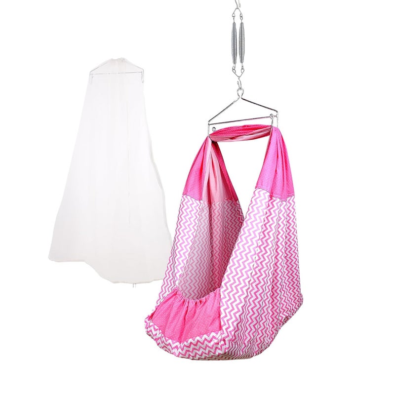 beetot Cotton New Born Baby Swing Cradle (jhula) | Cradle Cloth with Removable Mattress Bed, Mosquito net, Spring and Triangle Hanger | Weight Capacity up to 20kg | Age from 0-12 Months (Wave Pink) - Image 1