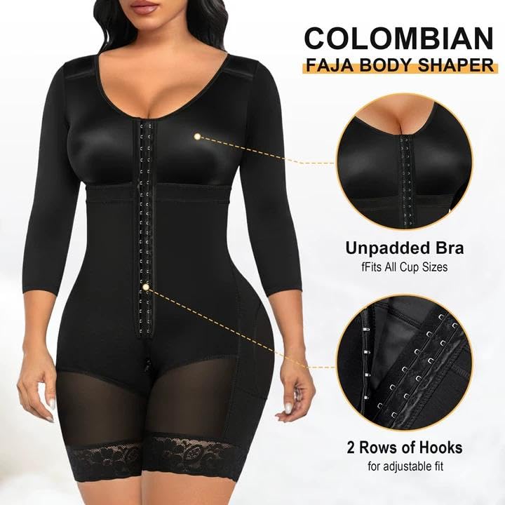SHAPERX Women's Fajas Colombianas Shapewear Postpartum Tummy Control Arm Slimming Full Body Shaper with Zipper Crotch, SZ7503-Black-XL - Image 3