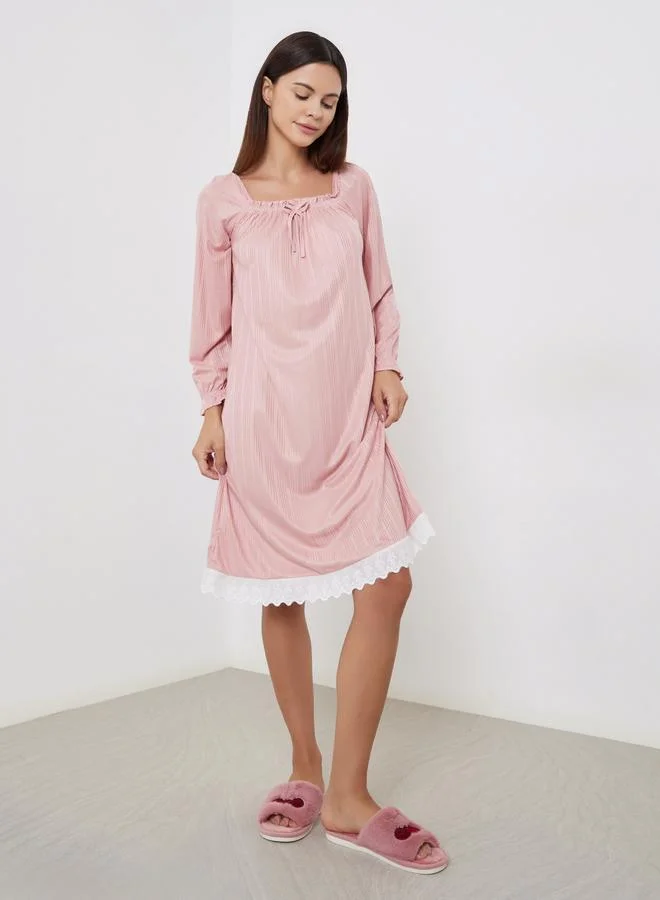 Take Two Take Two Pink Long Sleeve Nightdress with Lace Trim