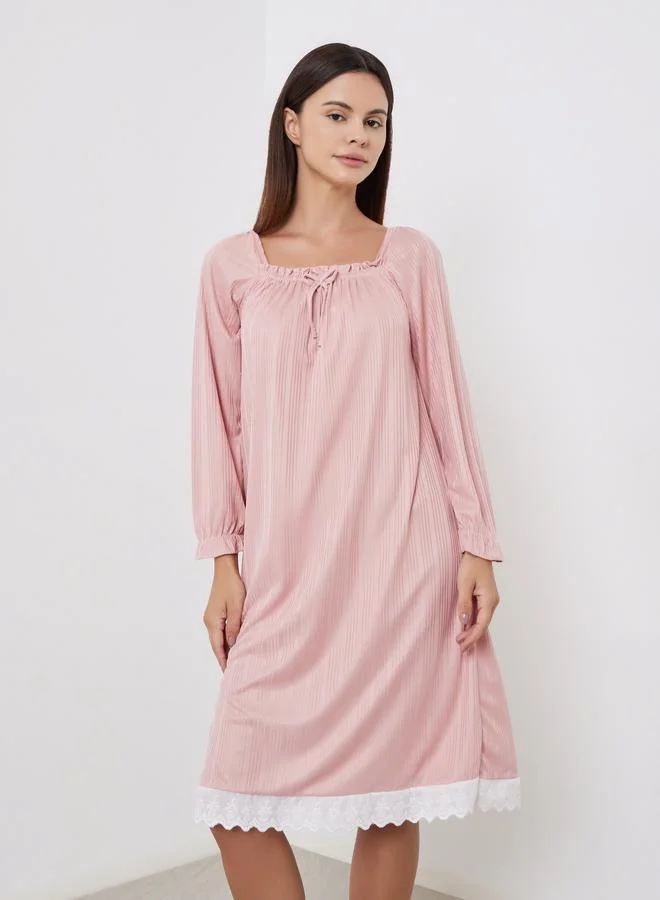 Take Two Take Two Pink Long Sleeve Nightdress with Lace Trim