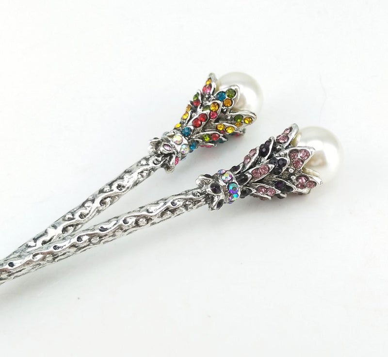 yueton Pack of 2 Vintage Rhinestone Pearl Hair Stick Vintage Hair Chopsticks Hairpin Chignon Pin (Pink+Colorful) - Image 4
