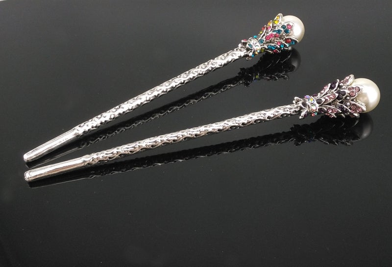 yueton Pack of 2 Vintage Rhinestone Pearl Hair Stick Vintage Hair Chopsticks Hairpin Chignon Pin (Pink+Colorful) - Image 2