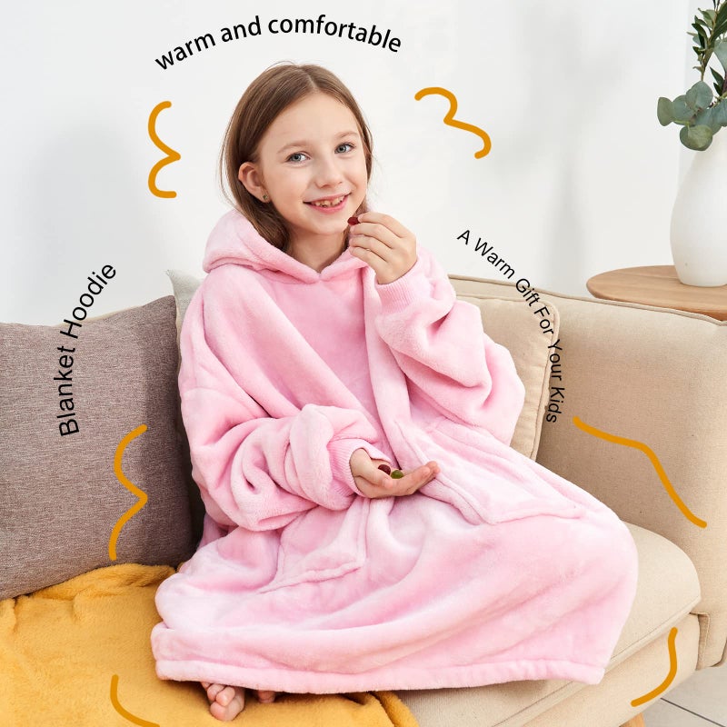 Aemicion Hoodie بطانية يمكن ارتداؤها للأطفال ناعمة فائقة الدفء الدافئة ذات المقنعين المكثف بغطاء ملابس قميص شيرت للبنات الفتيات (الوردي الفاتح) - Image 4