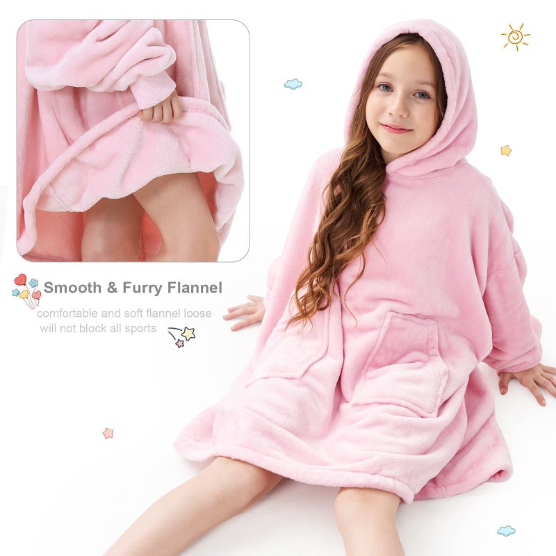 Aemicion Hoodie بطانية يمكن ارتداؤها للأطفال ناعمة فائقة الدفء الدافئة ذات المقنعين المكثف بغطاء ملابس قميص شيرت للبنات الفتيات (الوردي الفاتح) - Image 3