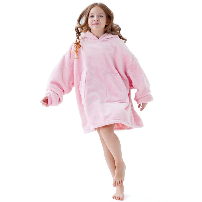 Aemicion Hoodie بطانية يمكن ارتداؤها للأطفال ناعمة فائقة الدفء الدافئة ذات المقنعين المكثف بغطاء ملابس قميص شيرت للبنات الفتيات (الوردي الفاتح) - Image 1