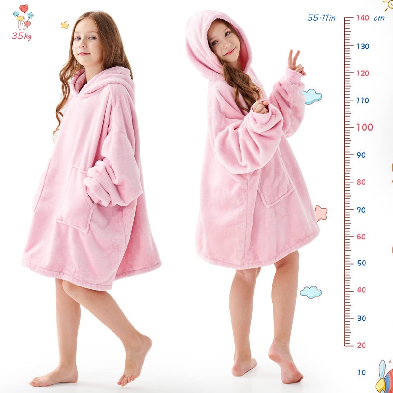 Aemicion Hoodie بطانية يمكن ارتداؤها للأطفال ناعمة فائقة الدفء الدافئة ذات المقنعين المكثف بغطاء ملابس قميص شيرت للبنات الفتيات (الوردي الفاتح) - Image 2