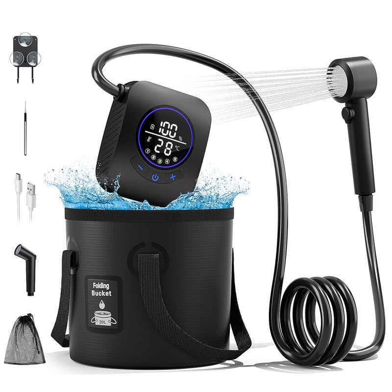 Moriko Portable Shower for Camping 8000mAh Rechargeable Camping Shower Pump 5 Shower Modes IPX8 Waterproof 5 Gallons Foldable Bucket Outdoor Shower for Hiking Travel Car Pet Beach RV Boat - Image 2