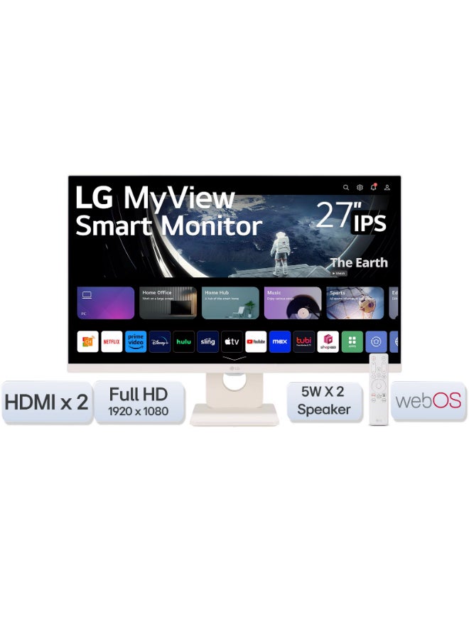 27 Inch MyView Smart Monitor FHD (1920x1080) IPS Display, WebOS 23, HDR 10, 5Wx2 Speakers, AirPlay 2, Screen Share, Bluetooth, ThinQ App & Remote Control - 27SR50F-W White